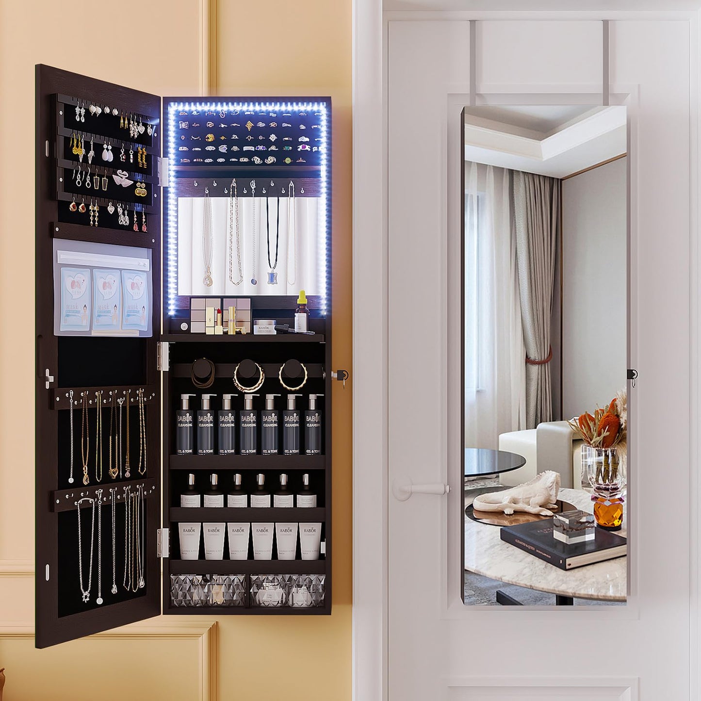 DLYZAYE Wall-Mounted Full-Length Mirror Jewelry Cabinet with LED Storage Organizer