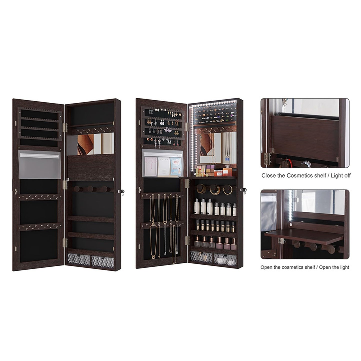 DLYZAYE Wall-Mounted Full-Length Mirror Jewelry Cabinet with LED Storage Organizer