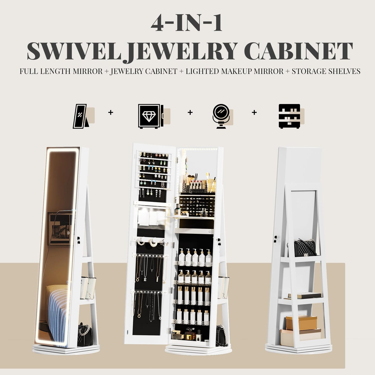 TJYGO 360° Swivel Jewelry Armoire with LED Mirror & Adjustable Lighting