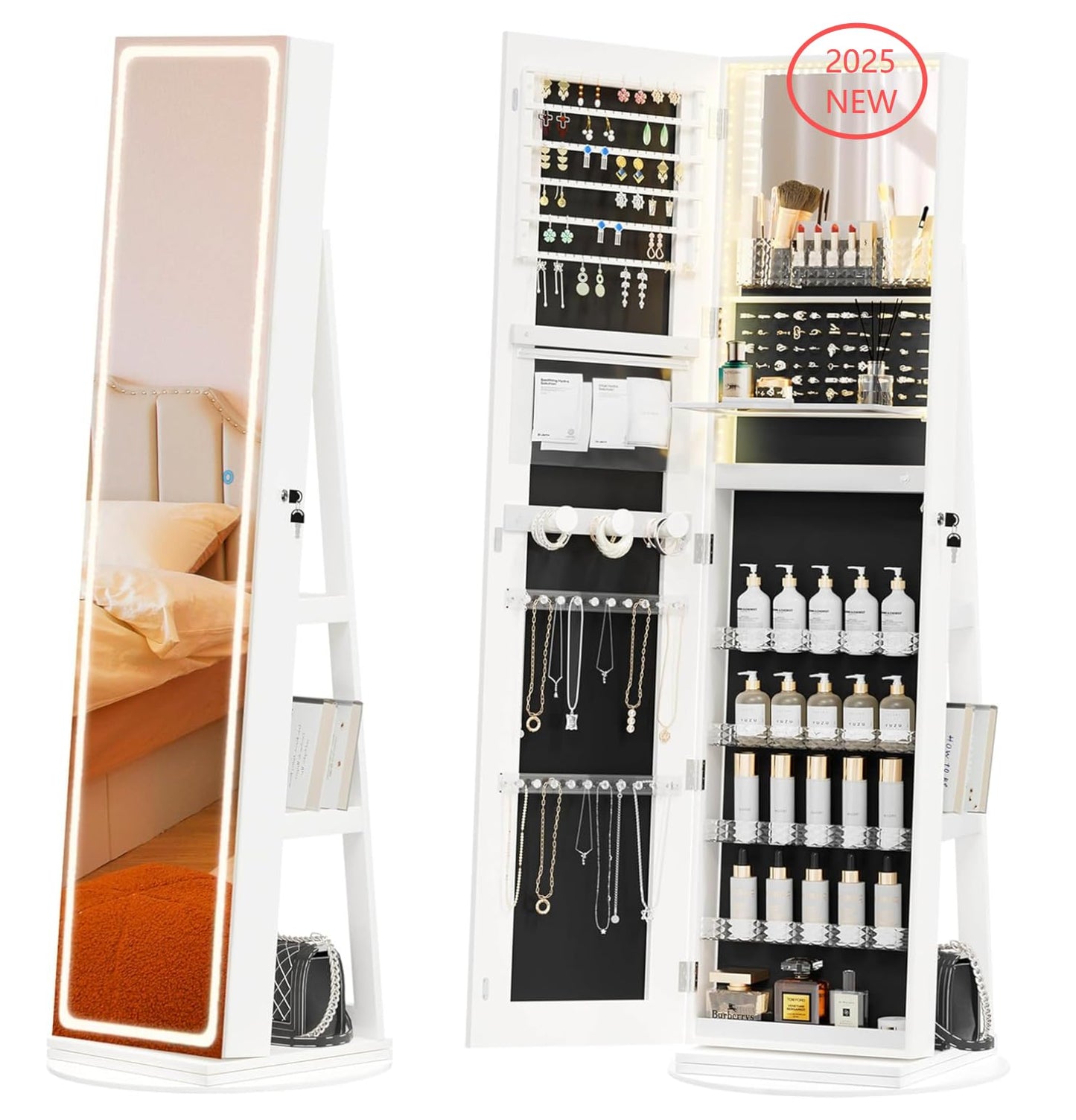 TJYGO 360° Swivel Jewelry Armoire with LED Mirror & Adjustable Lighting
