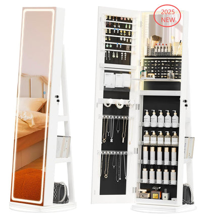 TJYGO 360° Swivel Jewelry Armoire with LED Mirror & Adjustable Lighting