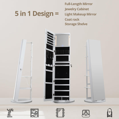 IRONCK 360° Swivel Mirrored Jewelry Cabinet with Charging Station & LED Lights