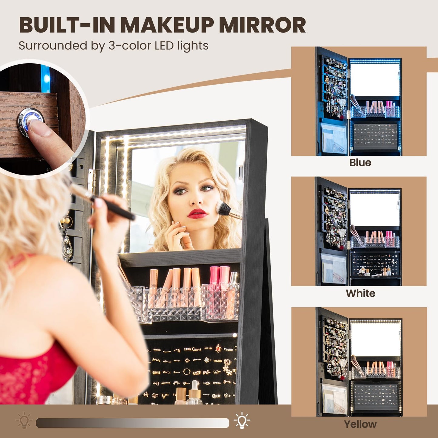 CHARMAID 360° Rotating Jewelry Armoire with LED Full-Length Mirror