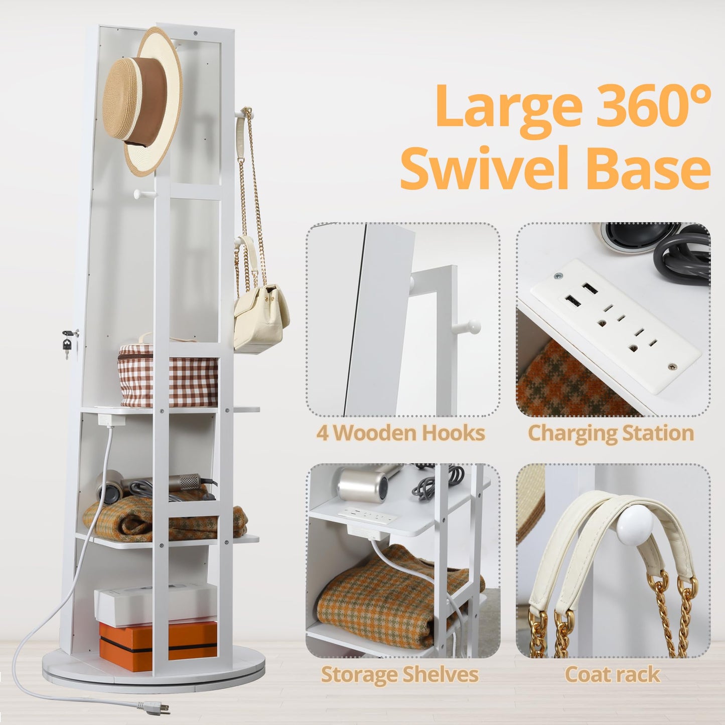 IRONCK 360° Swivel Mirrored Jewelry Cabinet with Charging Station & LED Lights