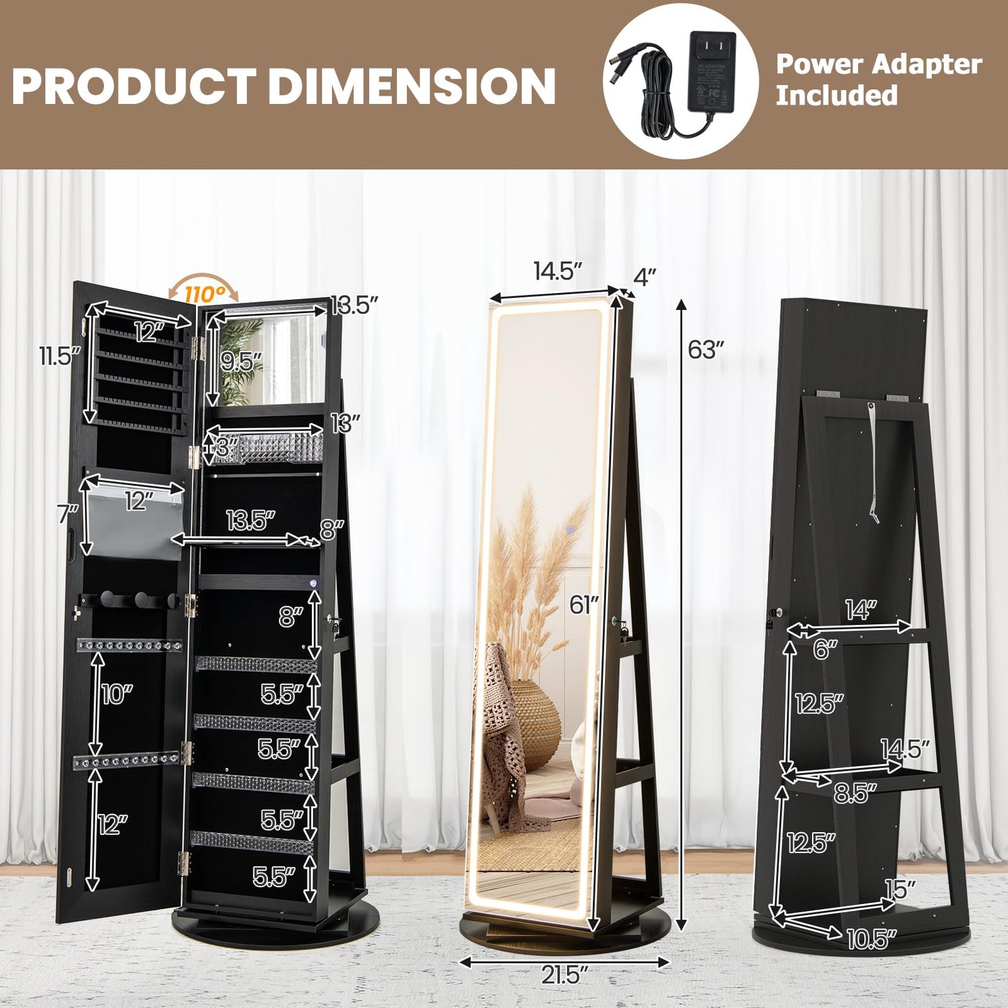 CHARMAID 360° Rotating Jewelry Armoire with LED Full-Length Mirror
