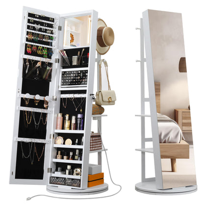 IRONCK 360° Swivel Mirrored Jewelry Cabinet with Charging Station & LED Lights