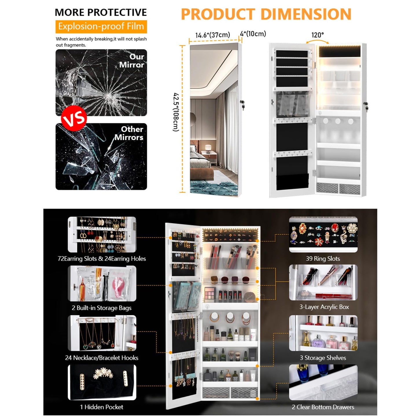 Wall-Mounted LED Jewelry Storage Cabinet with Full-Length Mirror Organizer