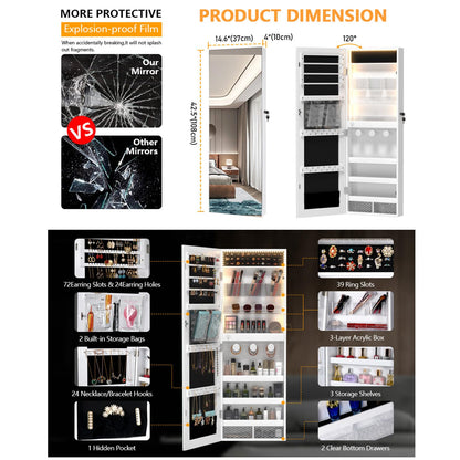 Wall-Mounted LED Jewelry Storage Cabinet with Full-Length Mirror Organizer