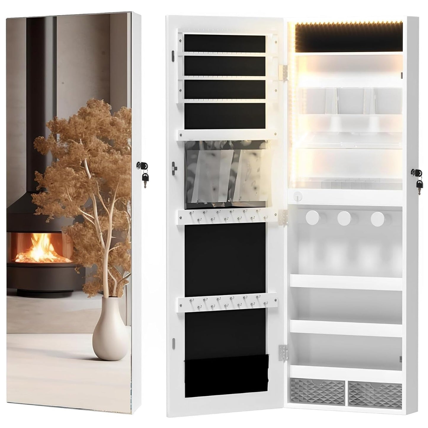 Wall-Mounted LED Jewelry Storage Cabinet with Full-Length Mirror Organizer