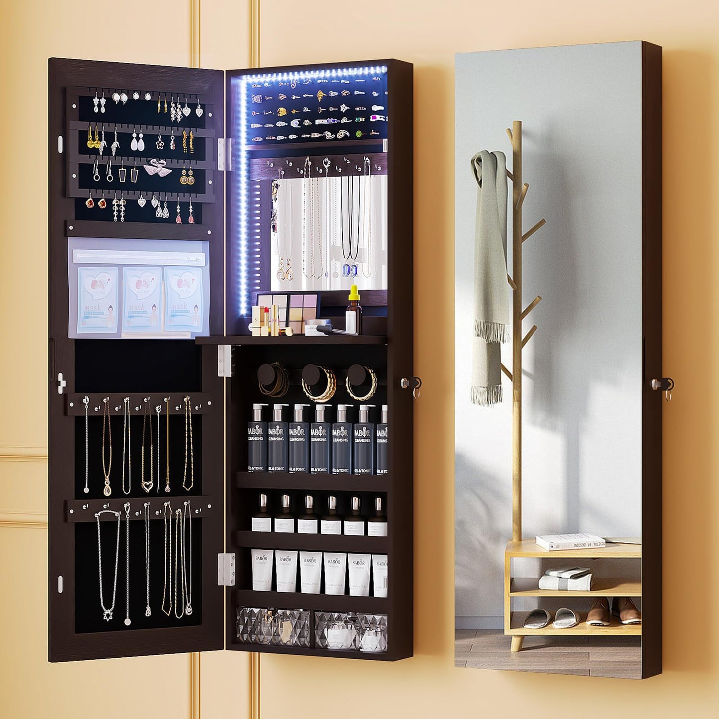 DLYZAYE Wall-Mounted Full-Length Mirror Jewelry Cabinet with LED Storage Organizer