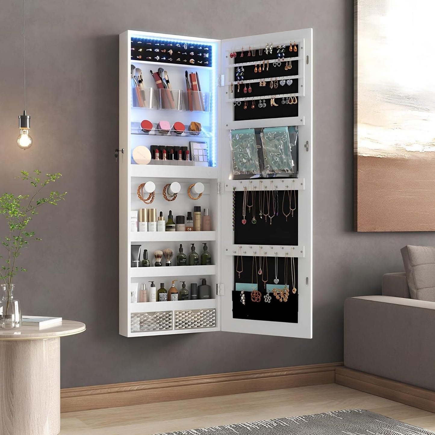 Wall-Mounted LED Jewelry Storage Cabinet with Full-Length Mirror Organizer