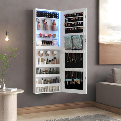 Wall-Mounted LED Jewelry Storage Cabinet with Full-Length Mirror Organizer