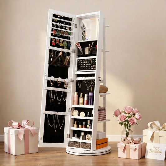 IRONCK 360° Swivel Mirrored Jewelry Cabinet with Charging Station & LED Lights