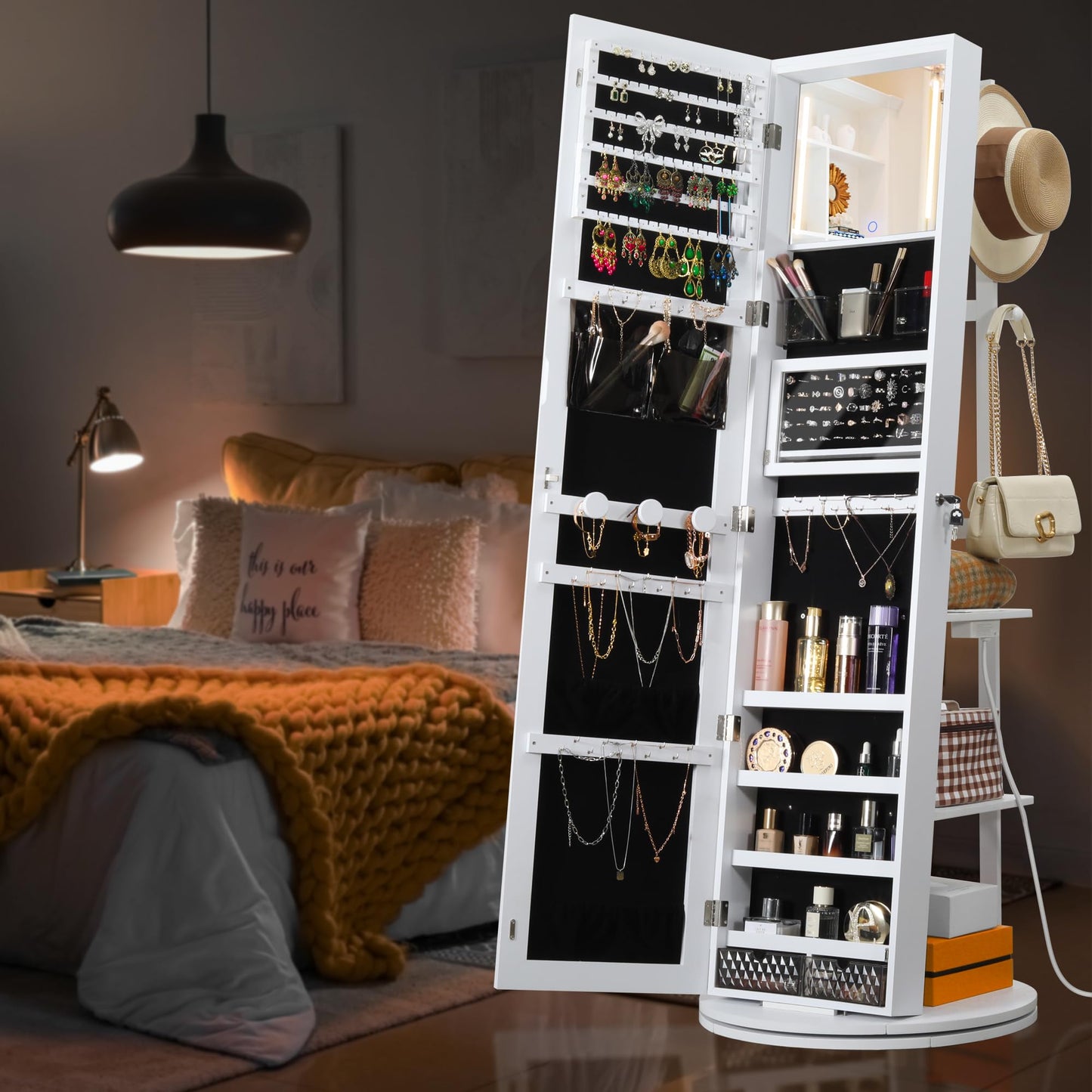 IRONCK 360° Swivel Mirrored Jewelry Cabinet with Charging Station & LED Lights