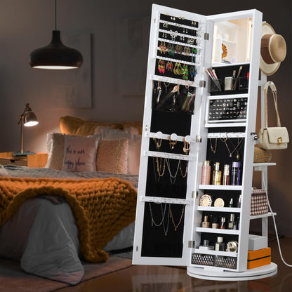 IRONCK 360° Swivel Mirrored Jewelry Cabinet with Charging Station & LED Lights