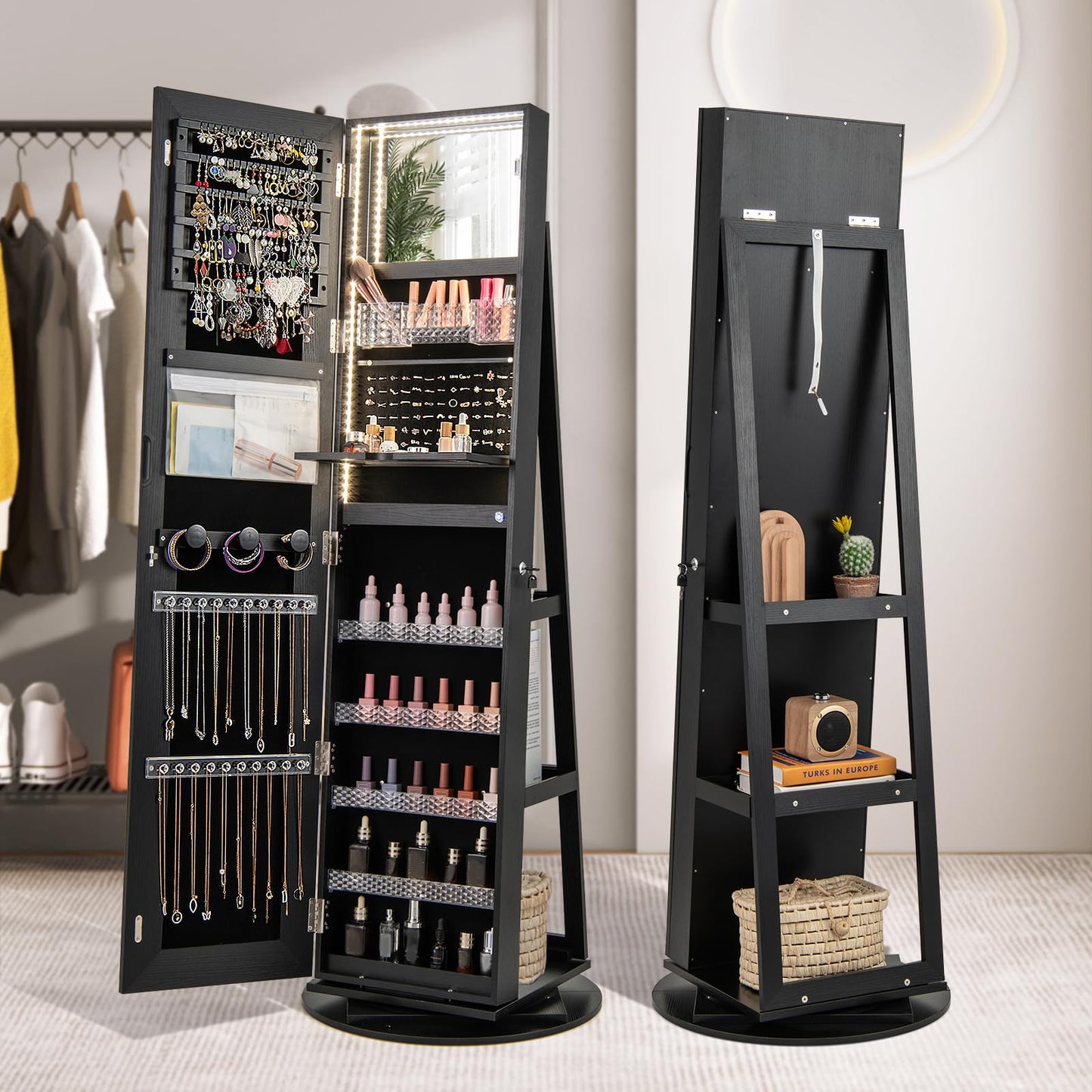 CHARMAID 360° Rotating Jewelry Armoire with LED Full-Length Mirror