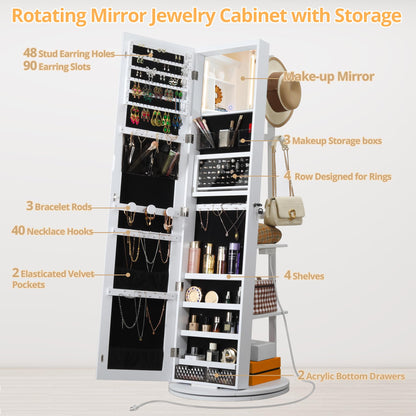 IRONCK 360° Swivel Mirrored Jewelry Cabinet with Charging Station & LED Lights