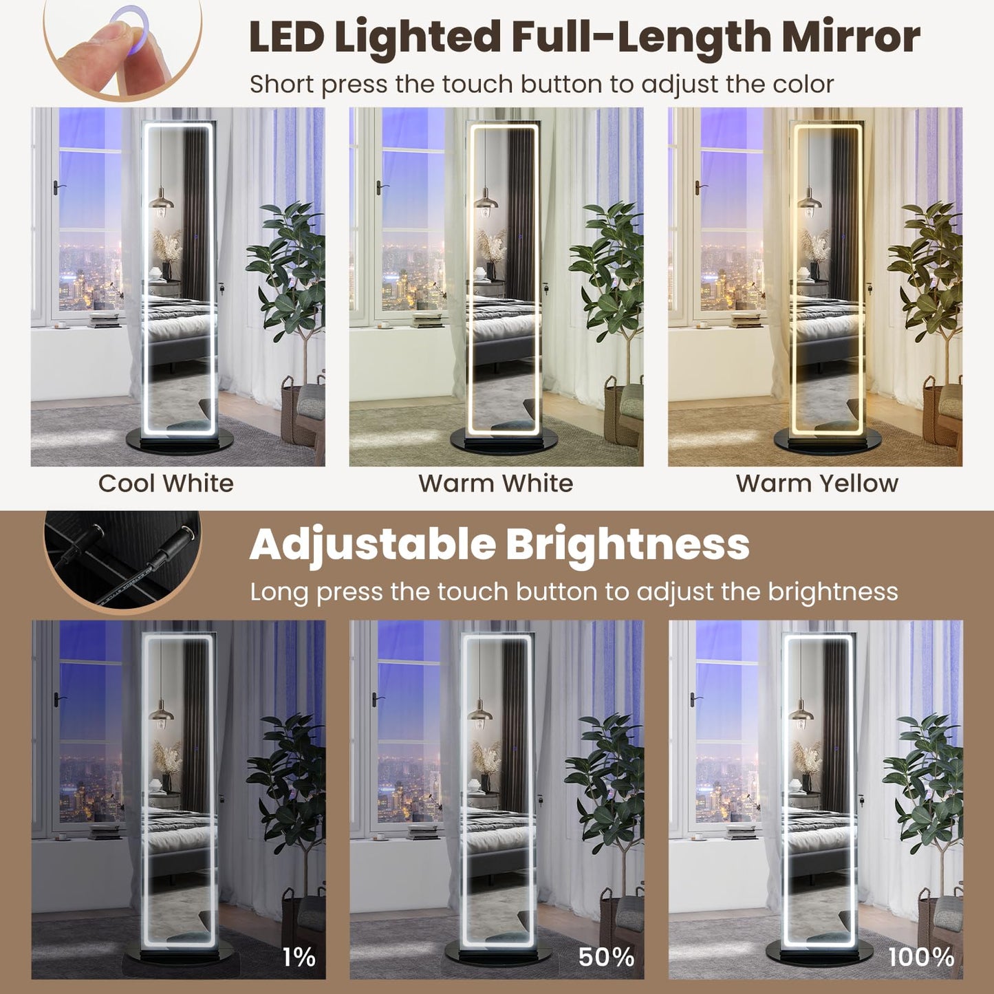 CHARMAID 360° Rotating Jewelry Armoire with LED Full-Length Mirror
