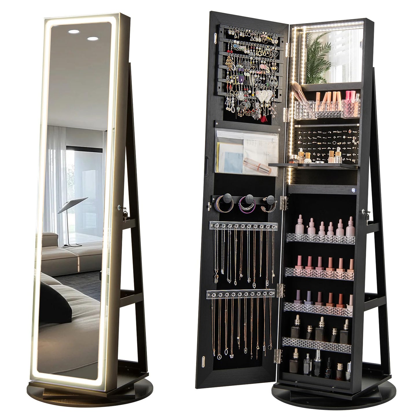 CHARMAID 360° Rotating Jewelry Armoire with LED Full-Length Mirror