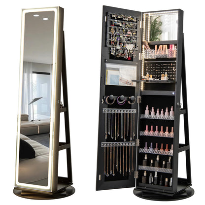 CHARMAID 360° Rotating Jewelry Armoire with LED Full-Length Mirror